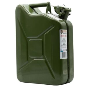 Jerrican essence 10 litres robuste OTAN, remplissage sûr et rapide