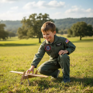 enfant portant une combinaison de pilote dans la nature