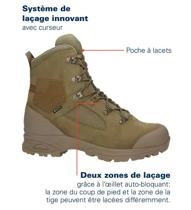 Chaussure militaire sable avec système de laçage innovant, gorge renforcée et semelle crantée; zones de laçage double au niveau pied et tige pour tirage rapide.