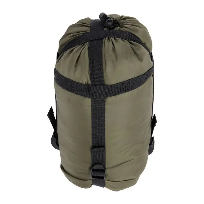 Sac à dos compact étanche kaki avec sangles de compression et attaches pour équipement, style militarisé outdoor.