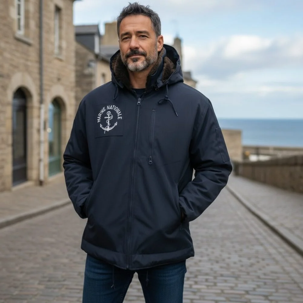 Homme portant veste bleu marine à capuche avec badge Marine Nationale sur la poitrine, en rue pavée près de la côte.
