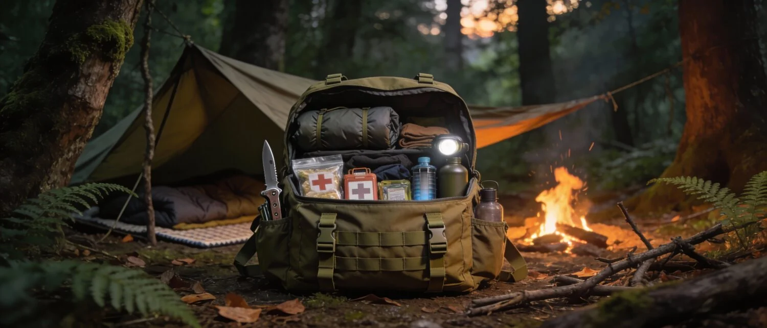 Sac à dos tactique ouvert en forêt, équipé pour camping et survie: kit médical, gourde, lampe, couteau, premier secours et accessoires. Campement et feu en arrière-plan.
