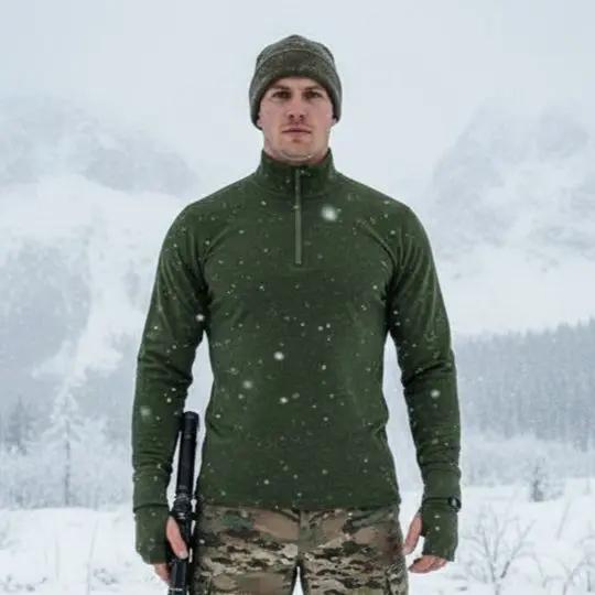 Homme en polo vert olive à fermeture éclair sur le haut, bonnet gris, tenue militaire en milieu enneigé avec fusil dans la main.