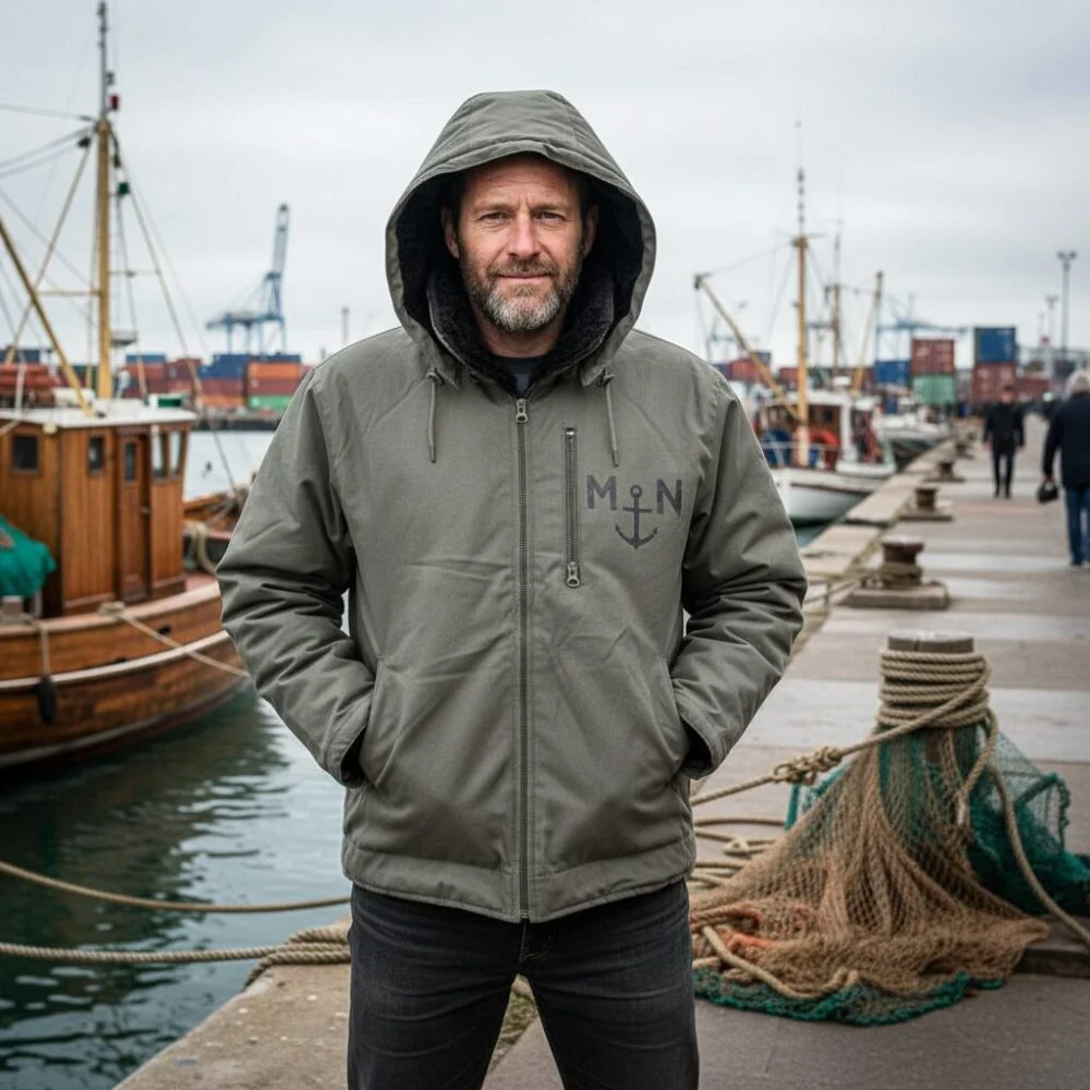 Hommes portant une veste coupe-vent kaki avec capuche à bord du port, devant des filets et bateaux de pêche.