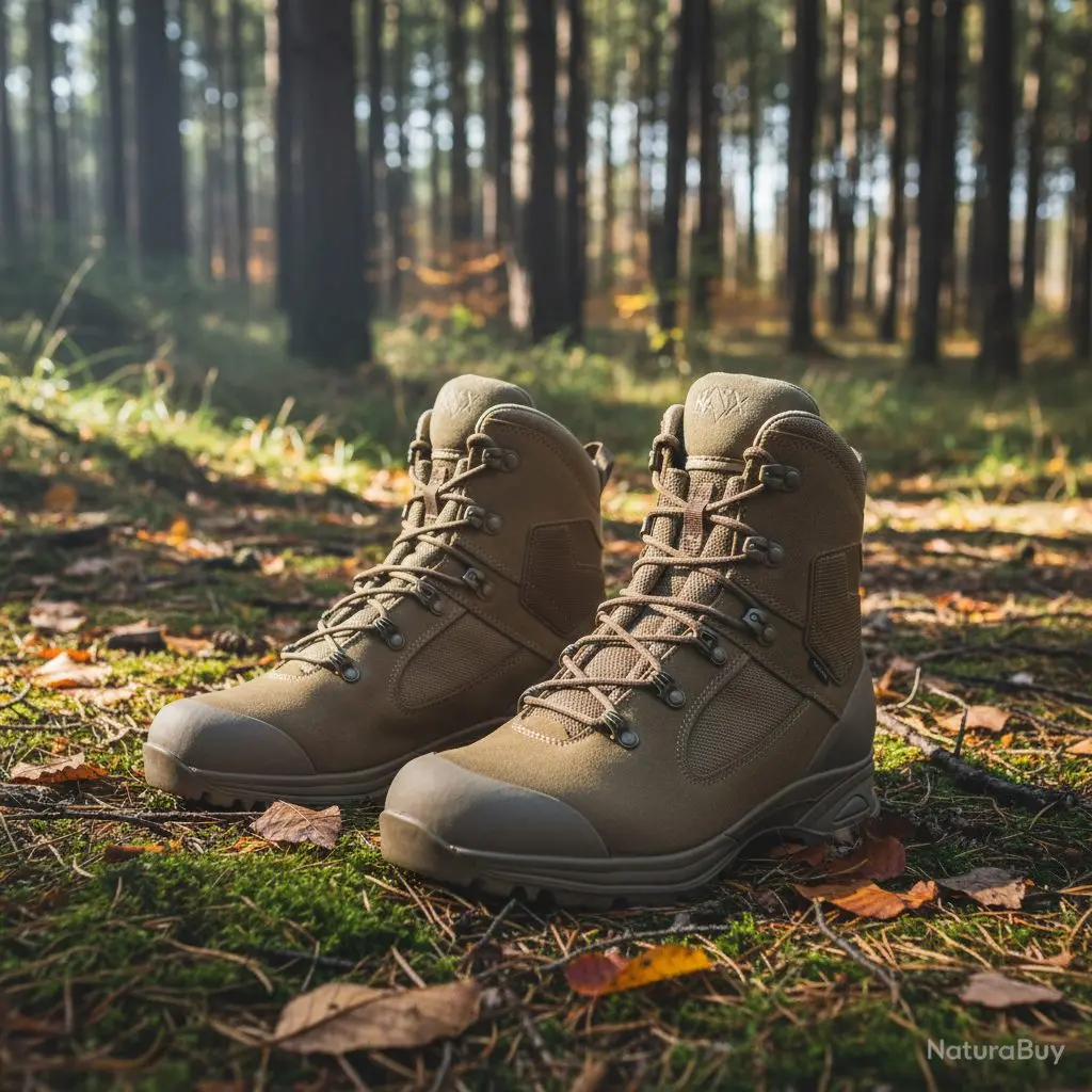 Bottes de marche kaki hautes en forêt, lacets métalliques, semelles robustes, décor bois et feuilles autour.