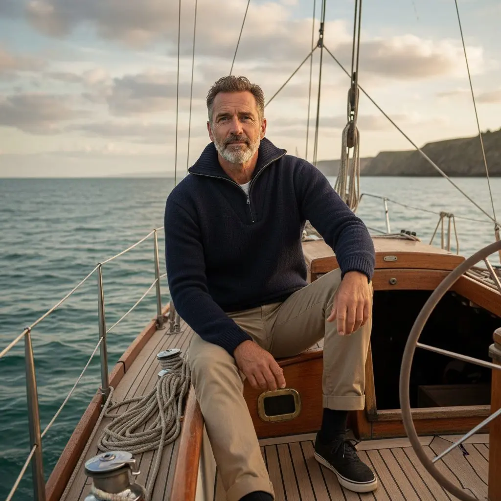 Homme adulte assis sur un voilier en mer, pull bleu foncé et pantalon beige, avec corde et mât autour.