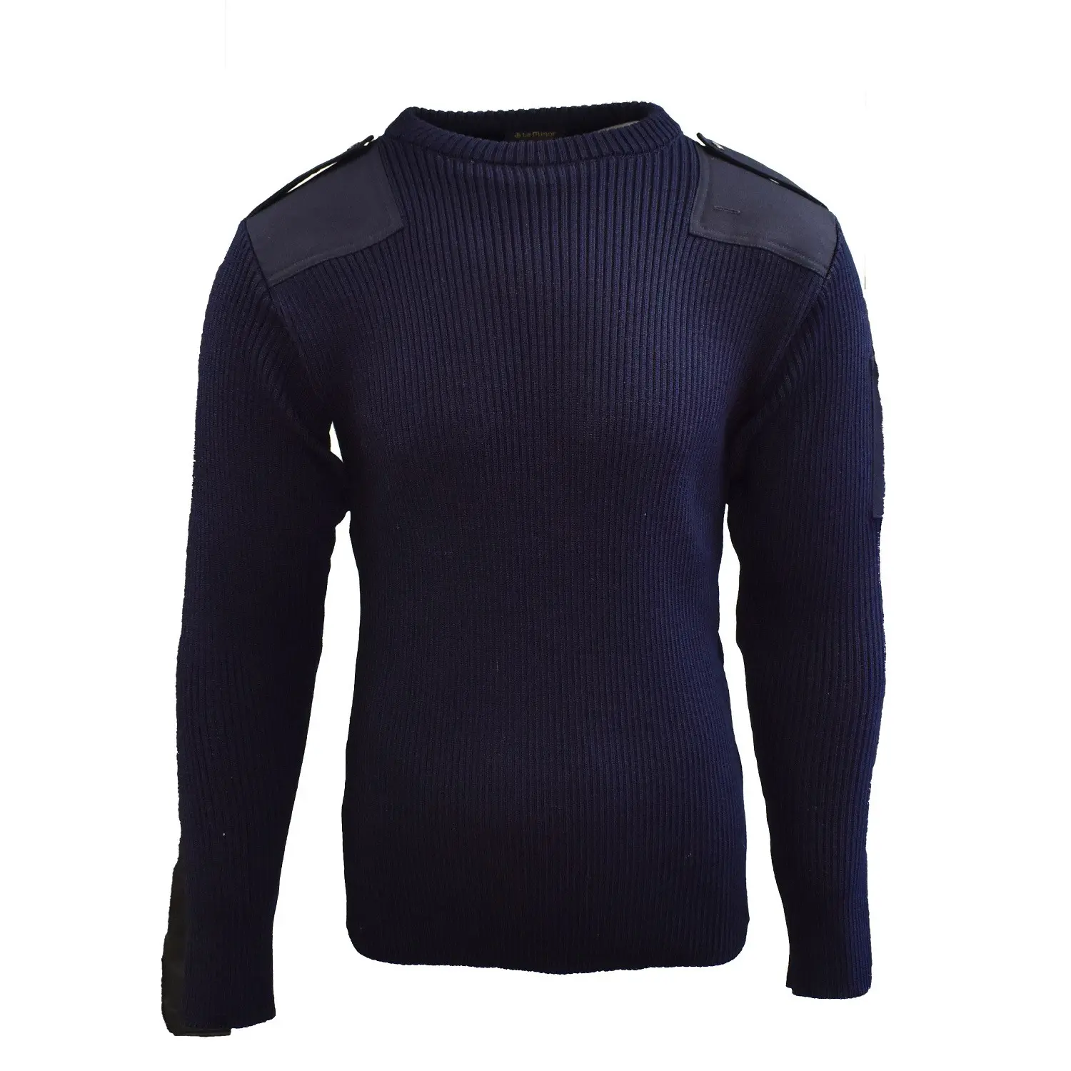pull bleu marine en maille épaisse avec épaules renforcées en simili-cuir noir et épaulettes, col rond.