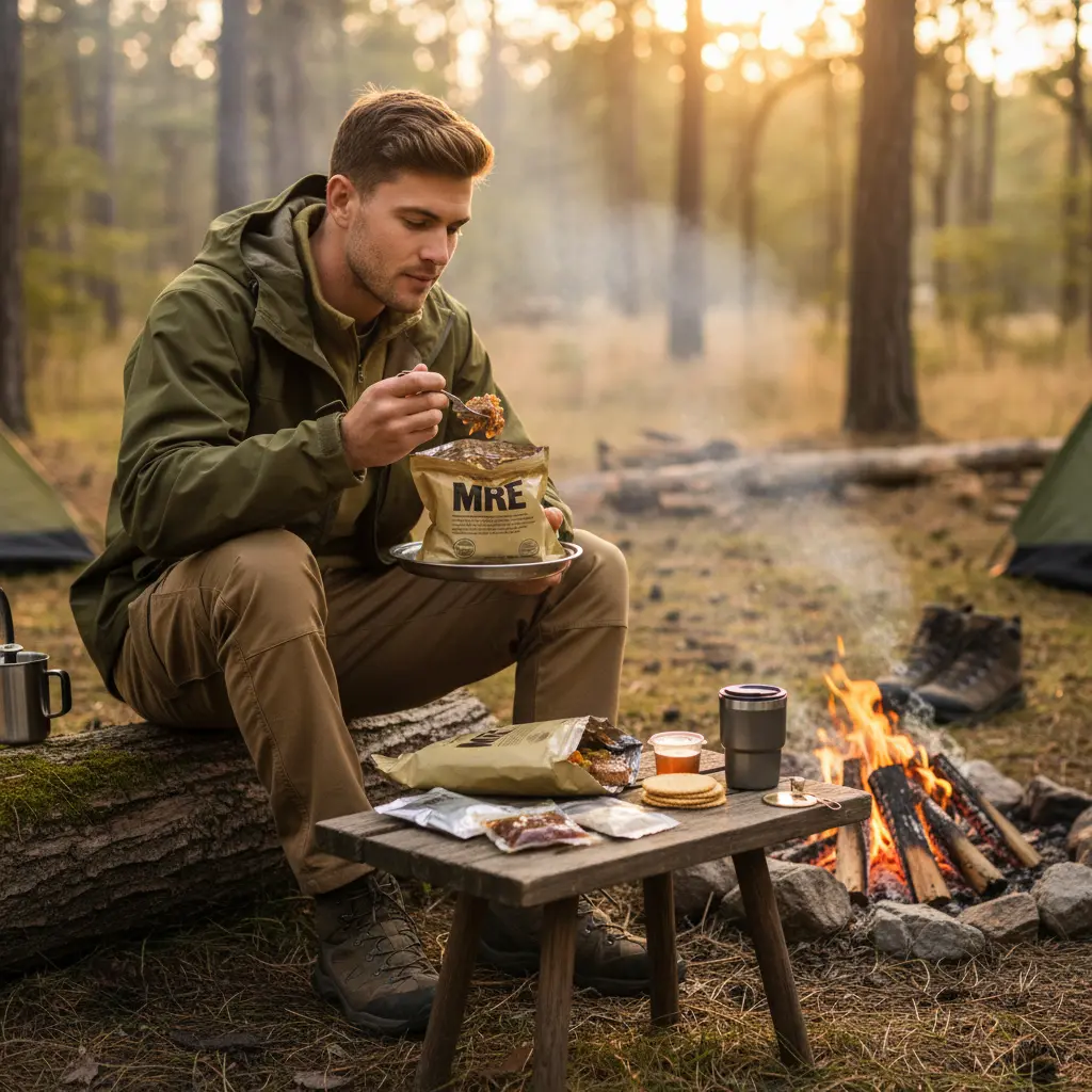 Homme en tenue outdoor autour d’un feu de camp, mangeant près d’un petit tabouret; sacs repas, tasse et aliments sur la table, forêt en arrière-plan.