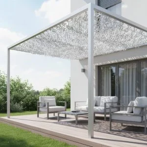 Pergola en métal avec voile camouflage S-Cut Steel ombragé, structure blanche, salon extérieur sur terrasse bois, jardin.