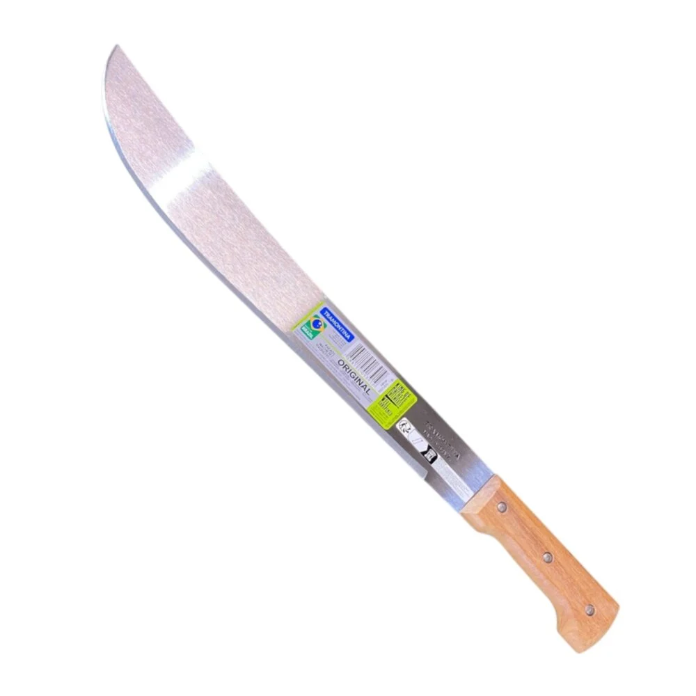 machette à lame large incurvée avec manche en bois, lame argentée et étiquette produit apparente
