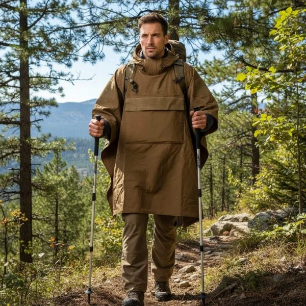 Homme portant poncho Tarp Softshell Outbreak Coyote en randonnée, isolation légère, coupe-vent et déperlant, dans une forêt.