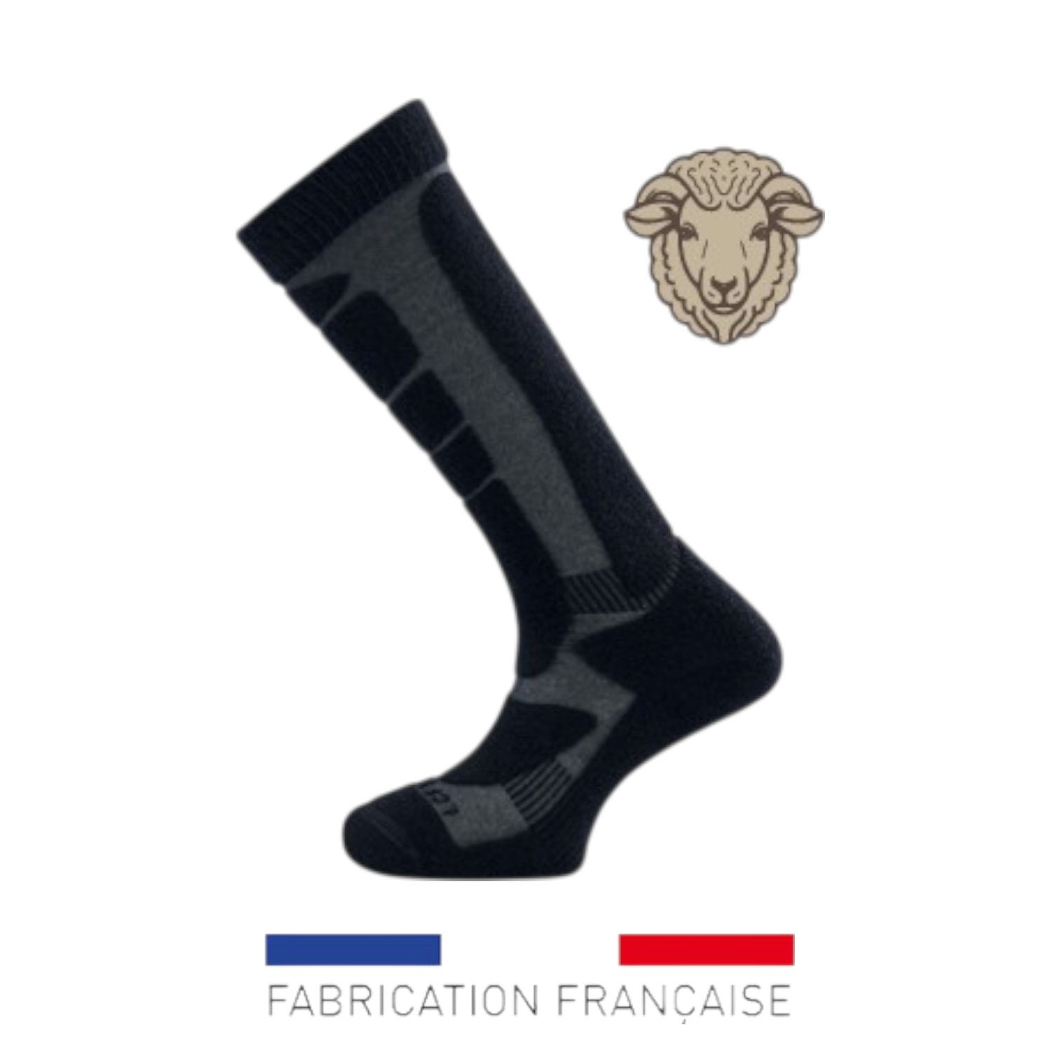 Chaussettes en mérinos noir et gris à motifs militaires, hauteur moyenne, logo fabrication française (drapeau bleu-blanc-rouge et tête de bélier).
