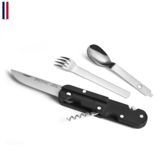 Coffret couteau multi-outils avec couteau, fourchette et cuill�re en acier inoxydable, et tire-bouchon/outil.
