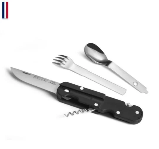 Set di coltelli multi-tool con coltello, forchetta, cucchiaio e cavatappi in acciaio inossidabile.
