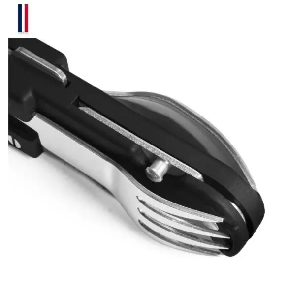 Fourchette-limeur pliable avec lame m�tallique et poign�e noire, outil compact pour coupe/saign�e en ext�rieur.