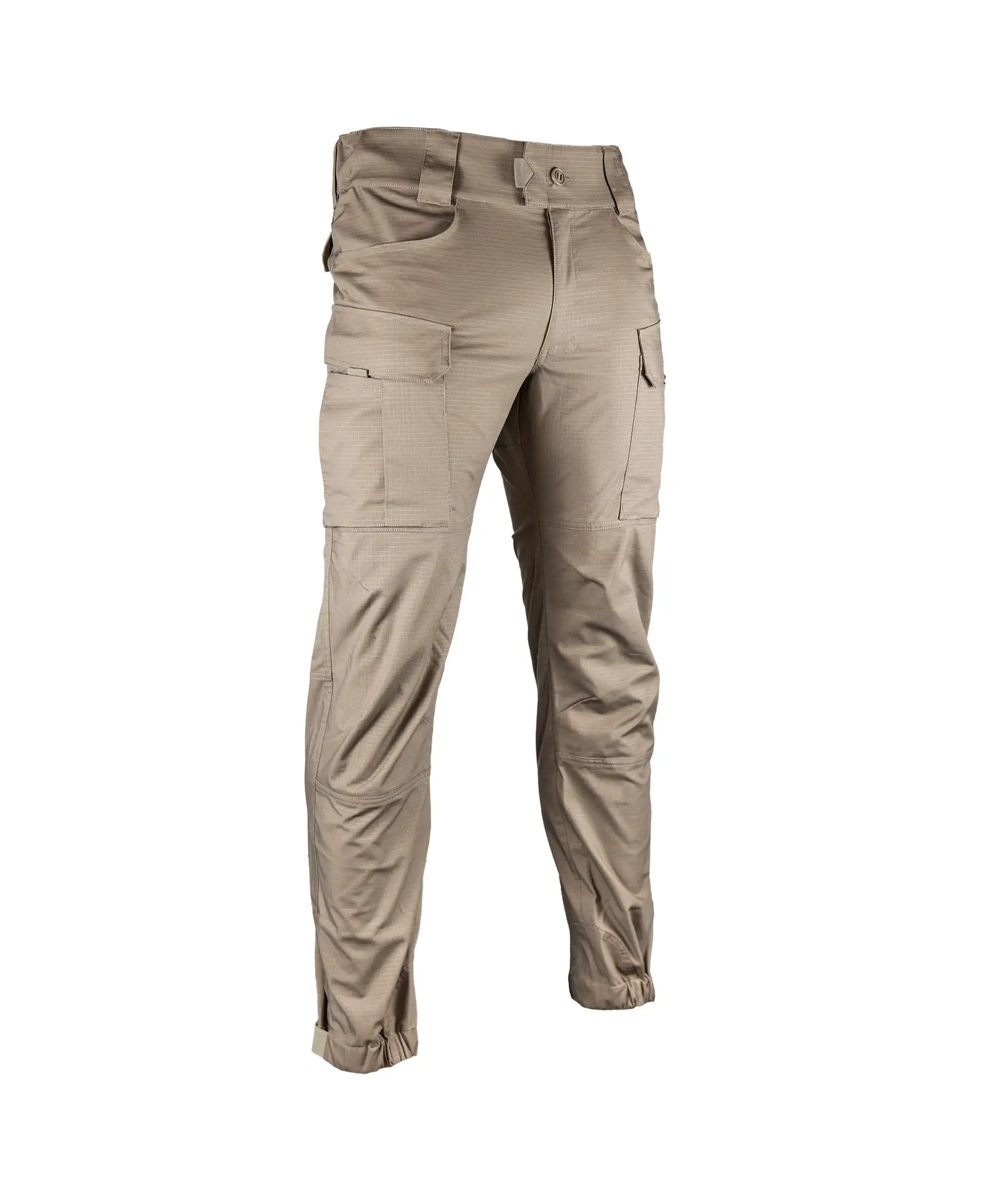 Pantalon cargo kaki pour outdoor militaire avec grandes poches latérales, ceinture et poignets elastiqués.
