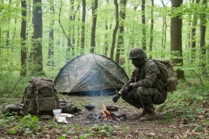 Soldat en camouflage près d’un bivouac forestier: tente camouflée, sac à dos lourd, feux de camp et matériel outdoor.
