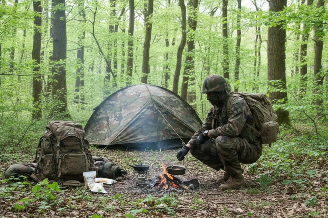 Soldat en camouflage près d’un bivouac forestier: tente camouflée, sac à dos lourd, feux de camp et matériel outdoor.