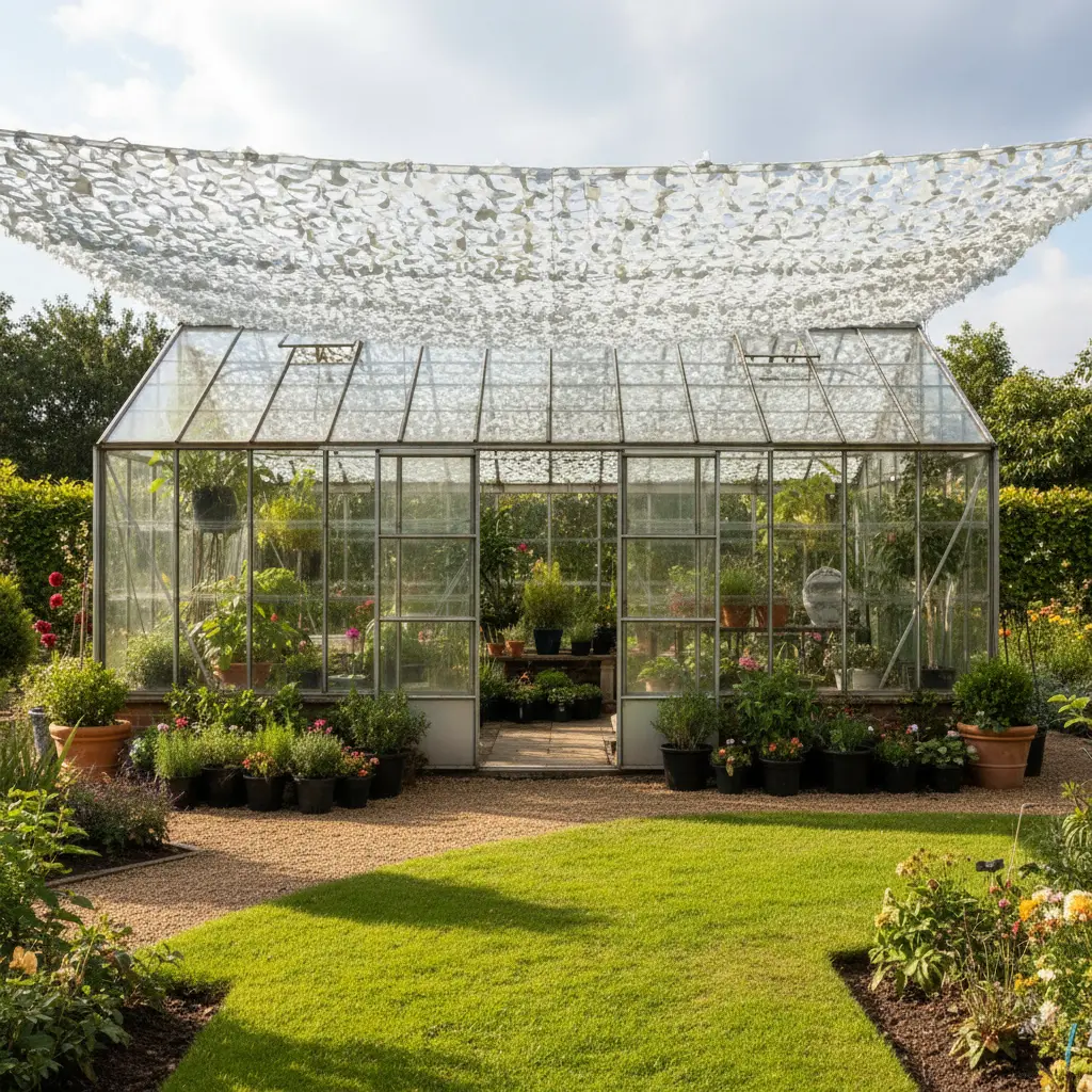 Serre en verre et métal entourée d’un jardin soigné avec plantes en pots et allée en gravier; ombrage camouflage au-dessus.