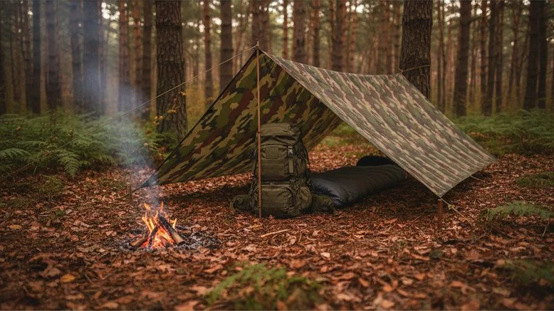 Tente camouflage inclinée en forêt avec sac à dos et feu de camp sur le sol, ambiance camping outdoor militaire.