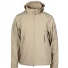 Chaqueta militar softshell impermeable de tres capas, beige, capucha, cremalleras delanteras y bolsillos con cremallera, bolsillos en los brazos.
