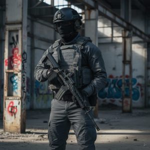 グレーのタクティカル・ウエストコートにバリスティック・ブレストプレート、プレートホルダー、バリスティック・ヘルメット。