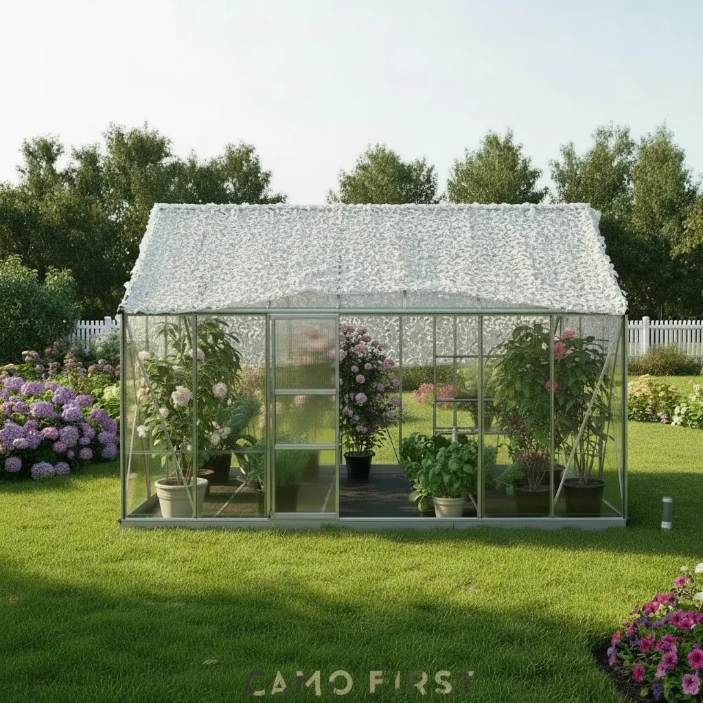 Serre en verre et métal entourée de plantes, avec toit translucide et jardin florissant autour.