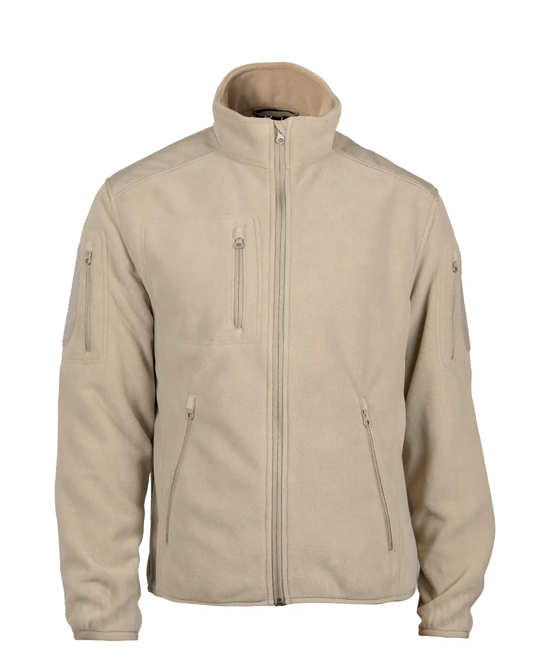 Veste polaire beige coupe droite à col montant, fermeture zippée centrale et poches zippées frontales.