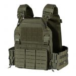 Gilet porte-plaques tactique en Cordura 500D, avec panneaux MOLLE, épaules rembourrées et ceinture, couleur kaki, compartiments et poches modulaires.
