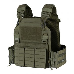 Tactical plate vest in Cordura 500D, with MOLLE panels, padded shoulders and belt, khaki color, modular compartments and pockets.
