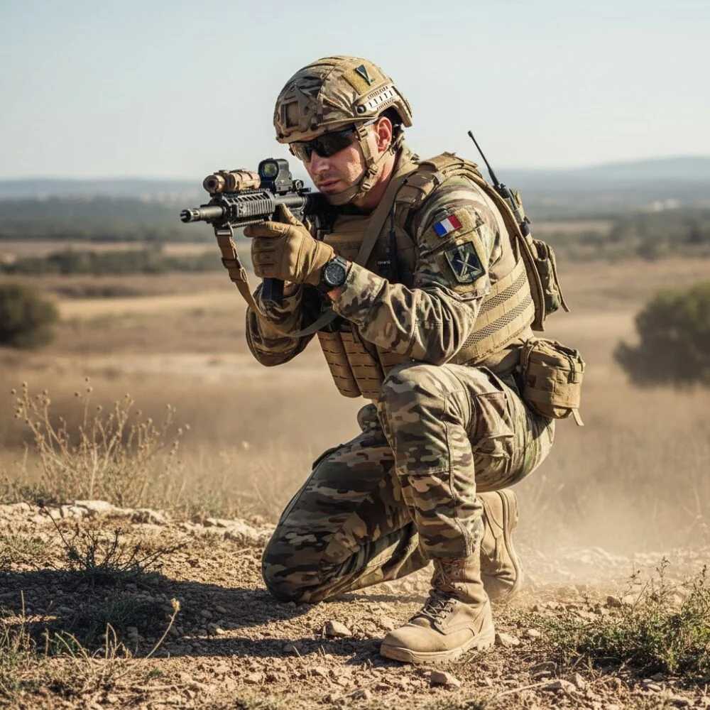 Soldat en posture de tir à genoux dans un terrain désert, gilet et équipement tactique Coyote, casque et lunettes, fusil d’assaut équipé.