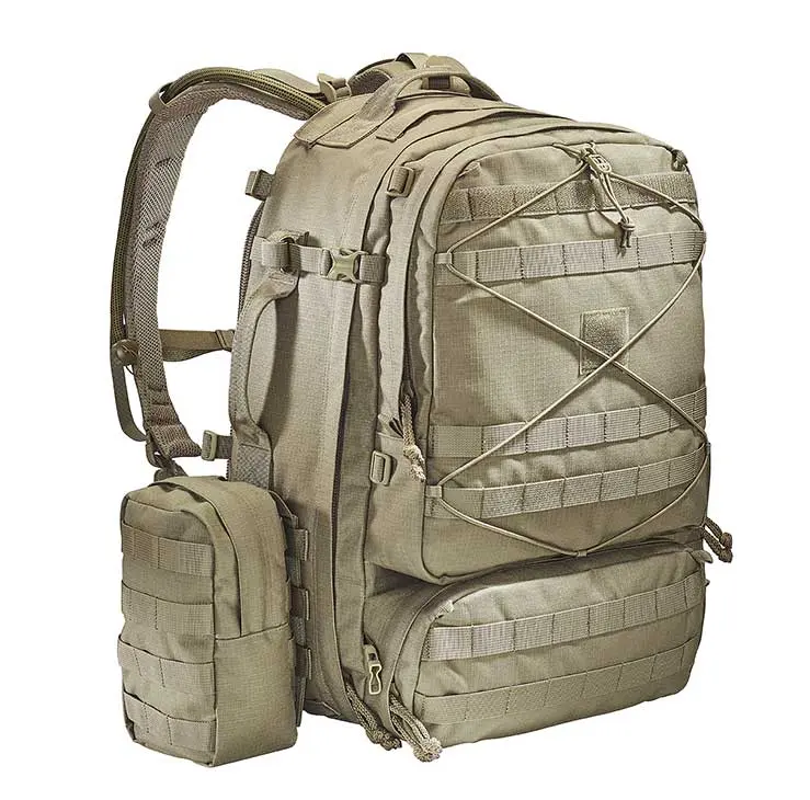 Sac à dos tactique militaire 40L avec rangers et pochettes latérales, système de sangles MOLLE et élastiques; compagnon idéal outdoor.
