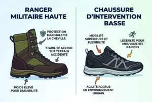 Rangers ou chaussures d'intervention: illustration comparative des deux types de bottes, avec points forts et usages respectifs.