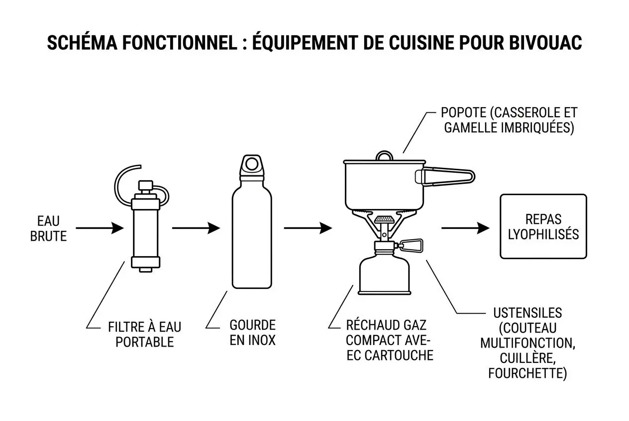 Schéma fonctionnel d’équipement de cuisine pour bivouac, montrant filtre à eau portable, gourde en inox, réchaud gaz compact avec cartouche, popote et ustensiles multifonctions. matériel pour bivouac 1 nuit inclus.