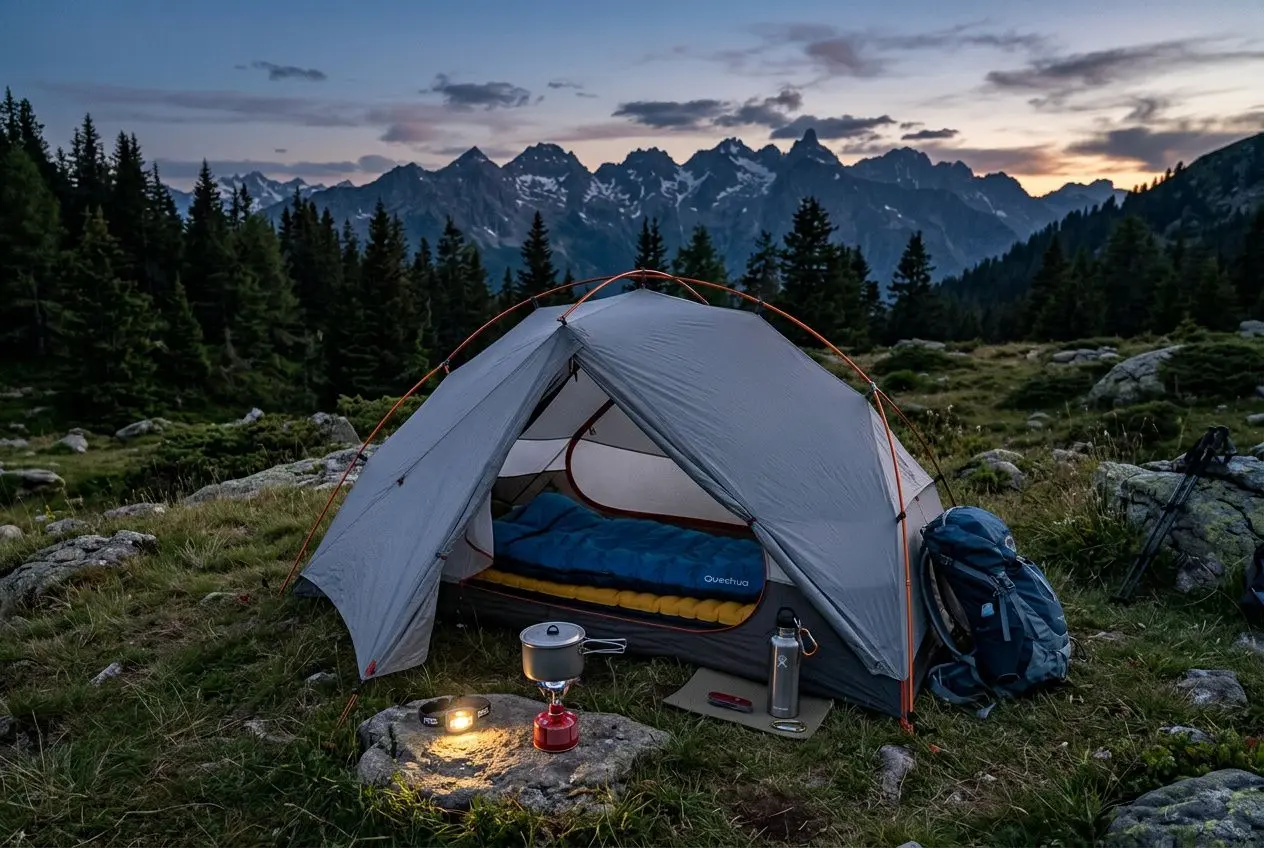 Tente légère montante dans un camp en montagne au coucher du soleil, couchage chaud, tarp et sac à dos à côté, feu de camp et cruche près de la tente, ambiance bivouac 1 nuit.