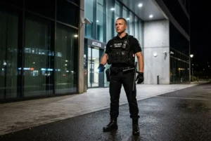 Agent de sécurité privée en posture de vigilance devant un bâtiment moderne, équipé d’un gilet tactique et d’un équipement personnel, prêt à intervenir. Équipement de l'agent de sécurité privée en foco.