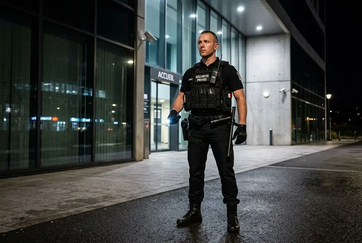 Agent de sécurité privée en posture de vigilance devant un bâtiment moderne, équipé d’un gilet tactique et d’un équipement personnel, prêt à intervenir. Équipement de l'agent de sécurité privée en foco.