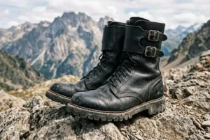 Bottes noires robustes sur rocher en montagne, avec lacets et doubles boucles, idéales pour les meilleurs rangers pour la gendarmerie.