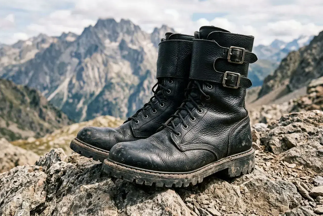 Bottes noires robustes sur rocher en montagne, avec lacets et doubles boucles, idéales pour les meilleurs rangers pour la gendarmerie.