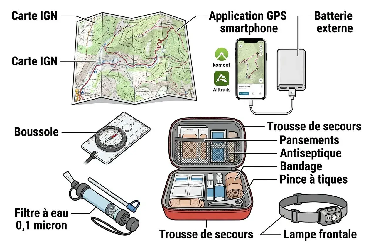Carte IGN et smartphone avec applications GPS, batterie externe et boussole; trousse de secours ouverte montrant pansements, antibiotique, bandage et pince à tiques; filtre à eau et lampe frontale. équipement randonnée débutant.
