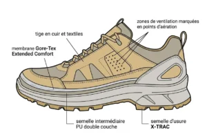 Chaussure d’intervention ultra légère illustrée avec coque en cuir/textile, semelle intermédiaire PU double couche et semelle extérieure X-TRAC pour sécurité et confort.