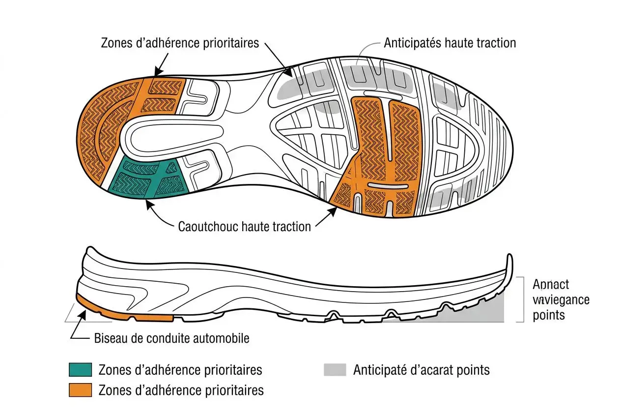 Chaussure d’intervention ultra légère montrant semelle avec zones d’adhérence et traction, idéale été, démontrant légèreté et confort.