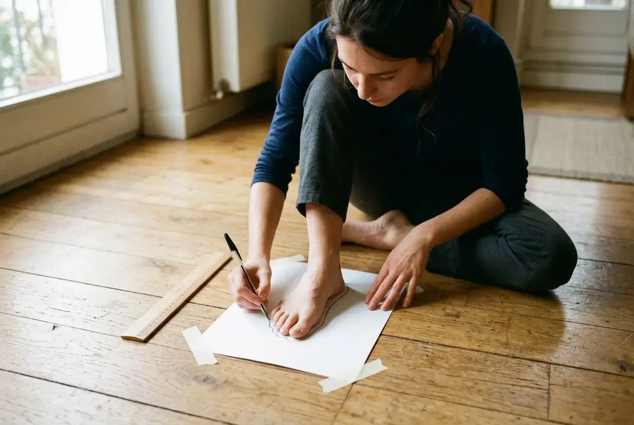 Femme assise sur le sol calcule sa pointure en traçant le contour de son pied sur du papier, mesure avec une règle. comment choisir la bonne pointure de chaussure.
