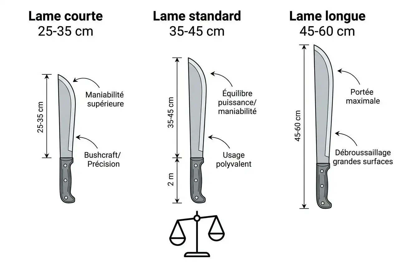 Guide d’images: trois types de lames de machette (courte, standard, longue) avec légendes sur maniabilité, usage et portée; axes de balance et symboles d’épaisseur. Bien choisir la forme de sa machette.