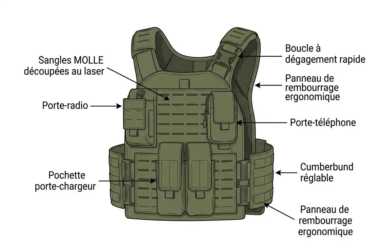 Guide illustré d’un gilet tactique avec poches, bandeau, et panneaux modulables, prêt à l’emploi. comment choisir mon gilet tactique ?