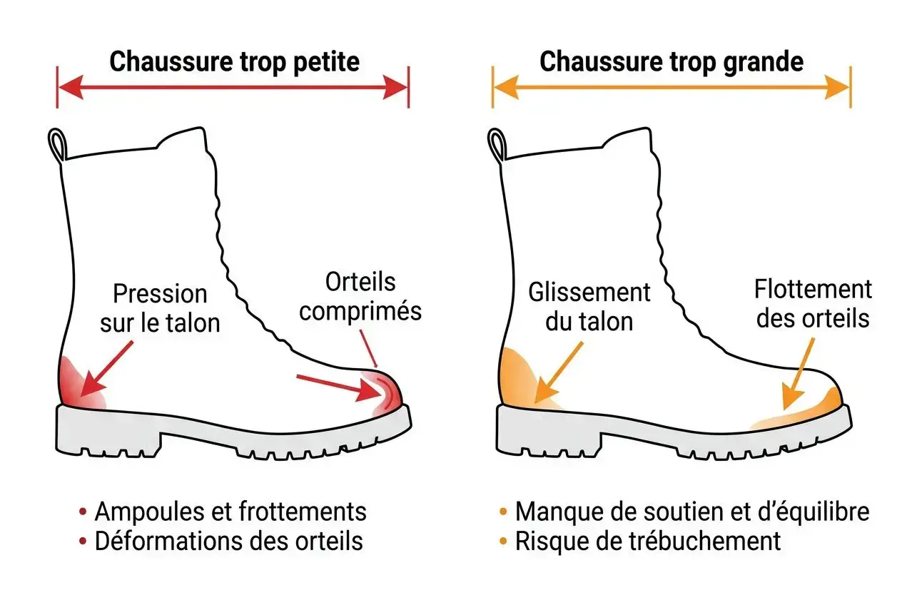 Guide sur la pointure: comparaison entre chaussure trop petite et trop grande, montrant pression sur le talon, déformations et glissements des orteils. comment choisir la bonne pointure de chaussure.