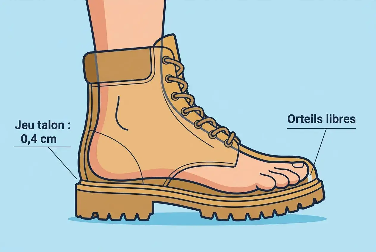 Guide pratique illustrant une chaussure de sécurité avec talon et lacets, démontre jeu talon 0,4 cm et empeigne à l’avant-pied libre. Inclut le concept comment choisir la bonne pointure de chaussure.