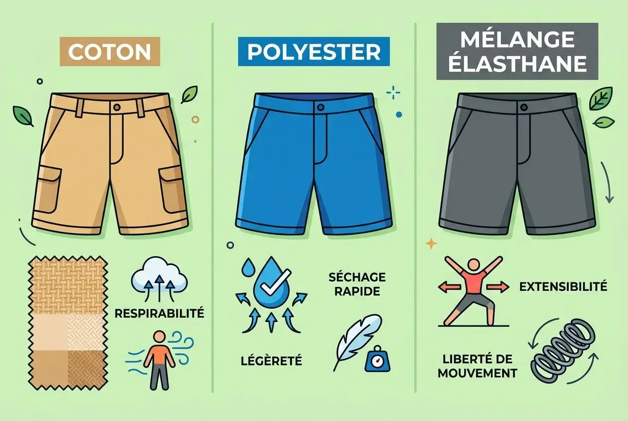 Guide visuel des shorts outdoor homme : coton, polyester et mélange élasthane, avec caractéristiques respiration, rapidité de séchage, légèreté, extensibilité et liberté de mouvement.