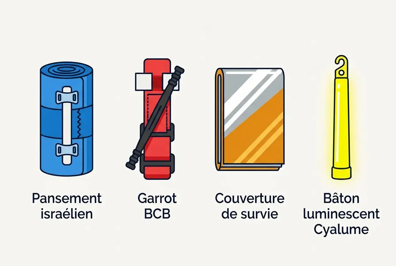Kit de secours randonnée : sur l’image, un panneau avec un pansement israélien, un garrot BCB, une couverture de survie et un bâton lumineux Cylalume jaune.