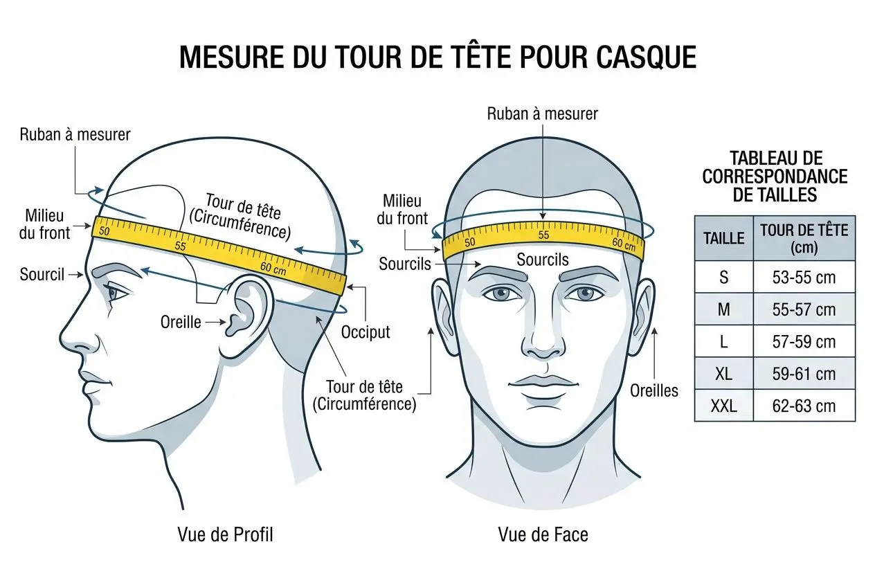 Mesure du tour de tête pour casque : diagramme montrant ruban à mesurer autour du front et à la nuque, tableau de tailles S à XXL. intégration: comment choisir son chapeau outdoor.